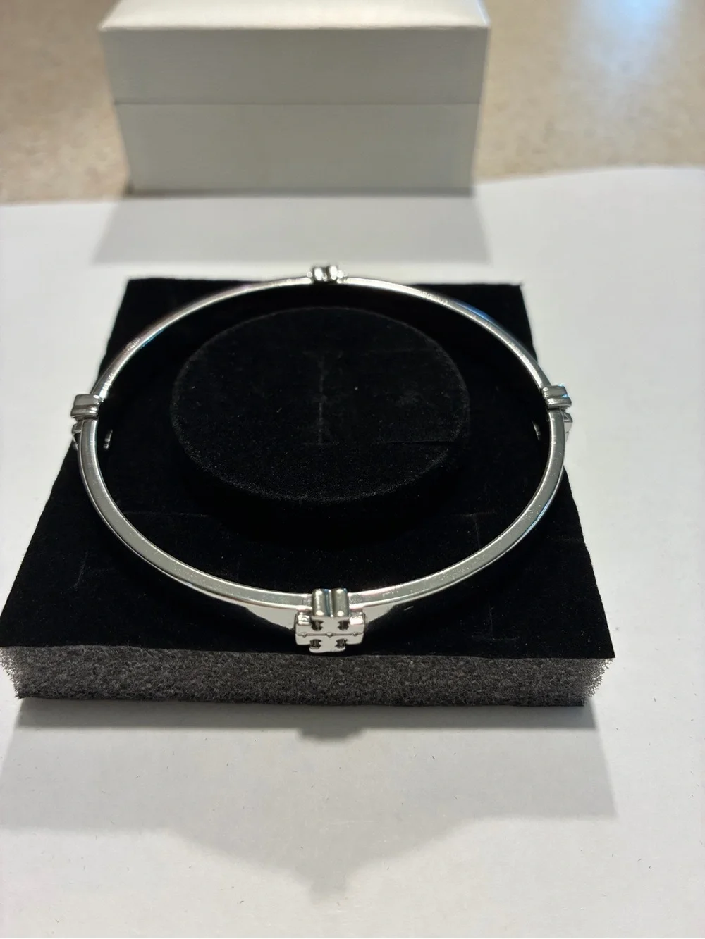 Tory Burch Polished Silver Double-T Hinged Bangle Bracelet